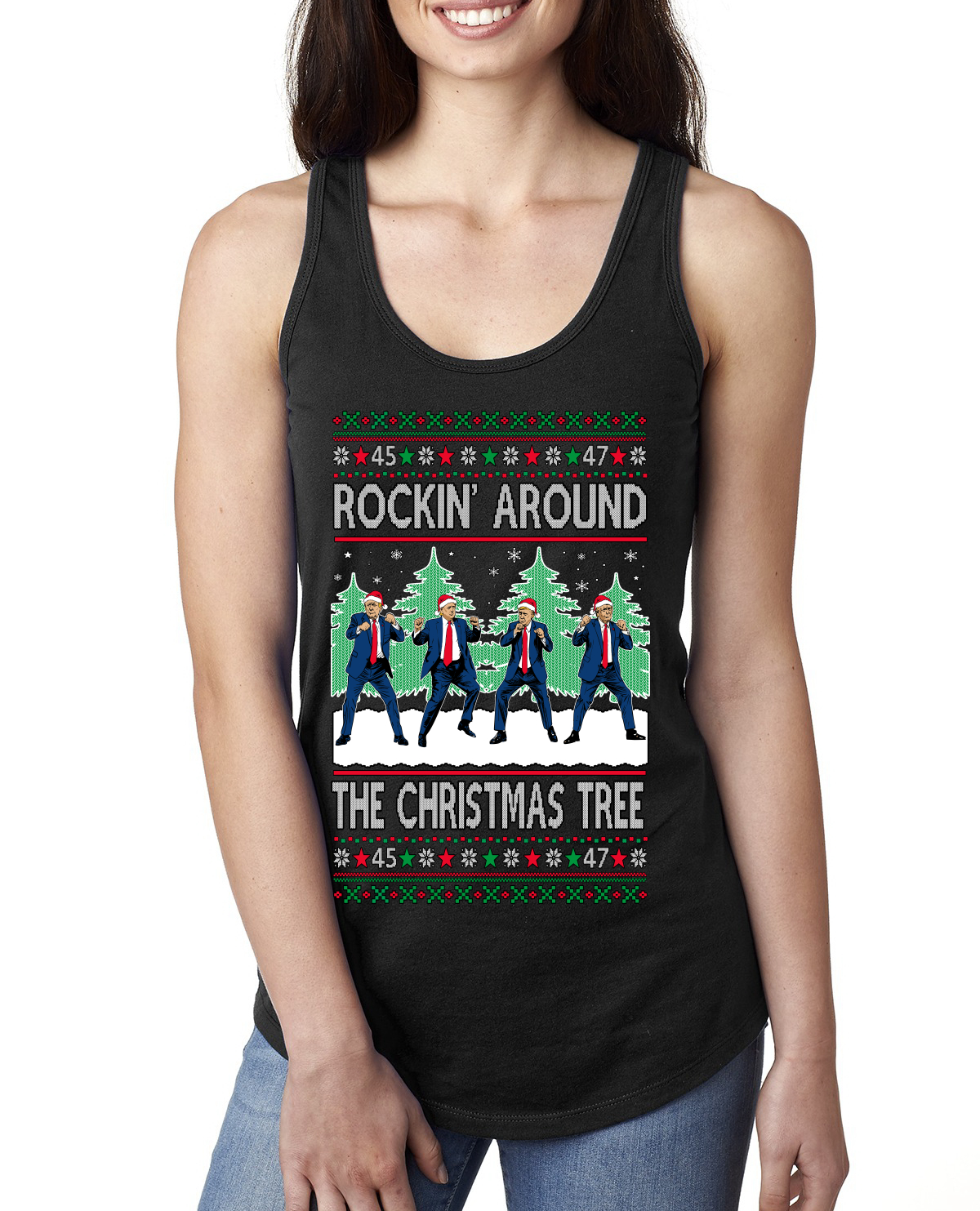 Rocking Around the Christmas Tree Trump Shimmy Dance Ladies Racerback Tank Top