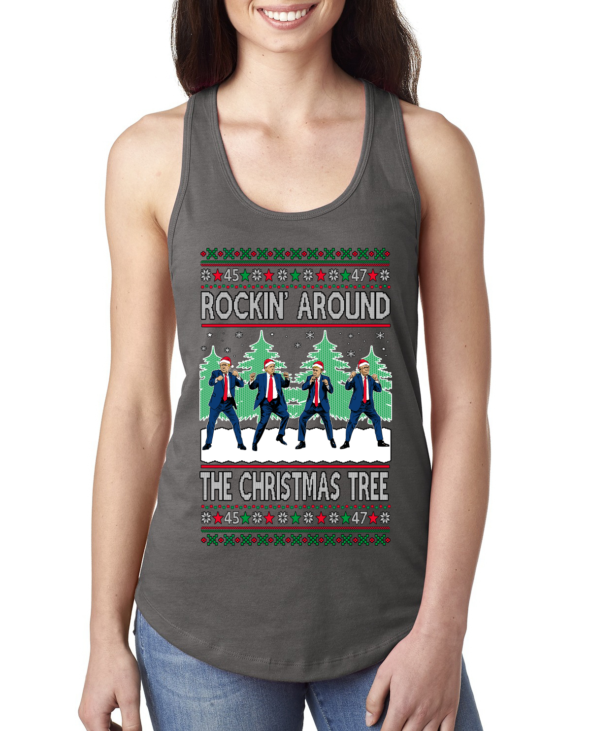 Rocking Around the Christmas Tree Trump Shimmy Dance Ladies Racerback Tank Top