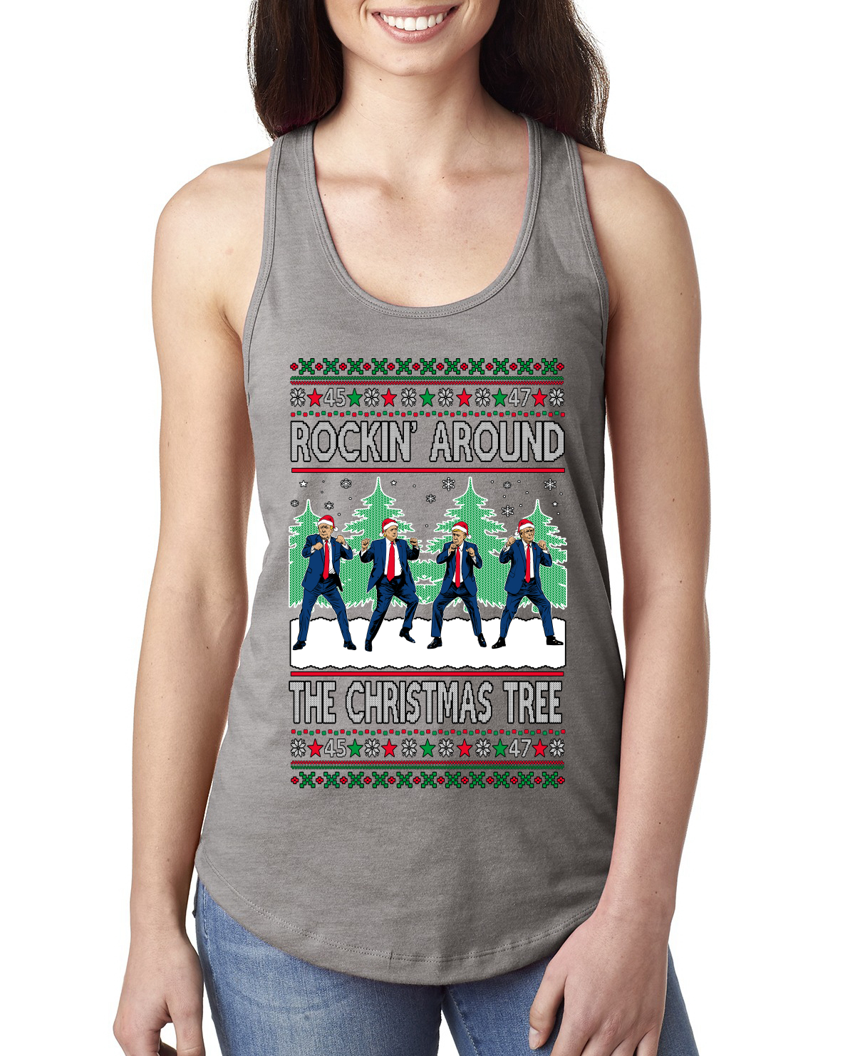 Rocking Around the Christmas Tree Trump Shimmy Dance Ladies Racerback Tank Top