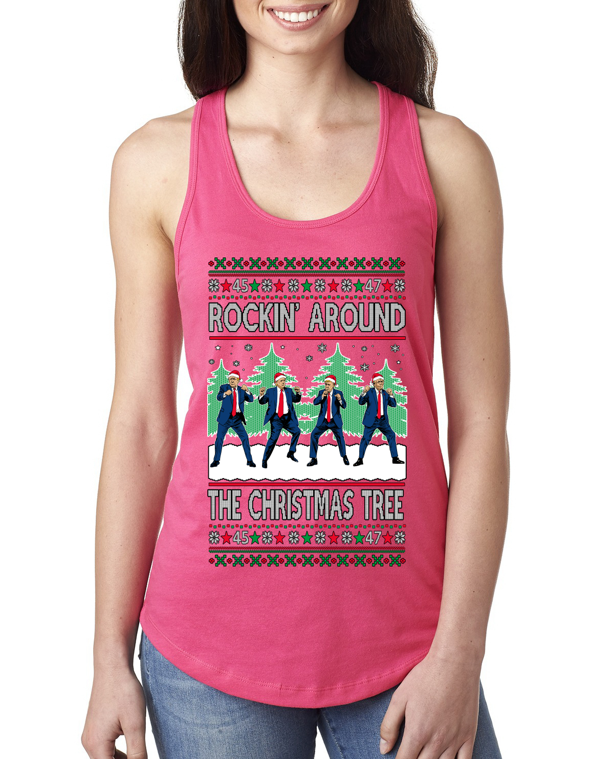 Rocking Around the Christmas Tree Trump Shimmy Dance Ladies Racerback Tank Top