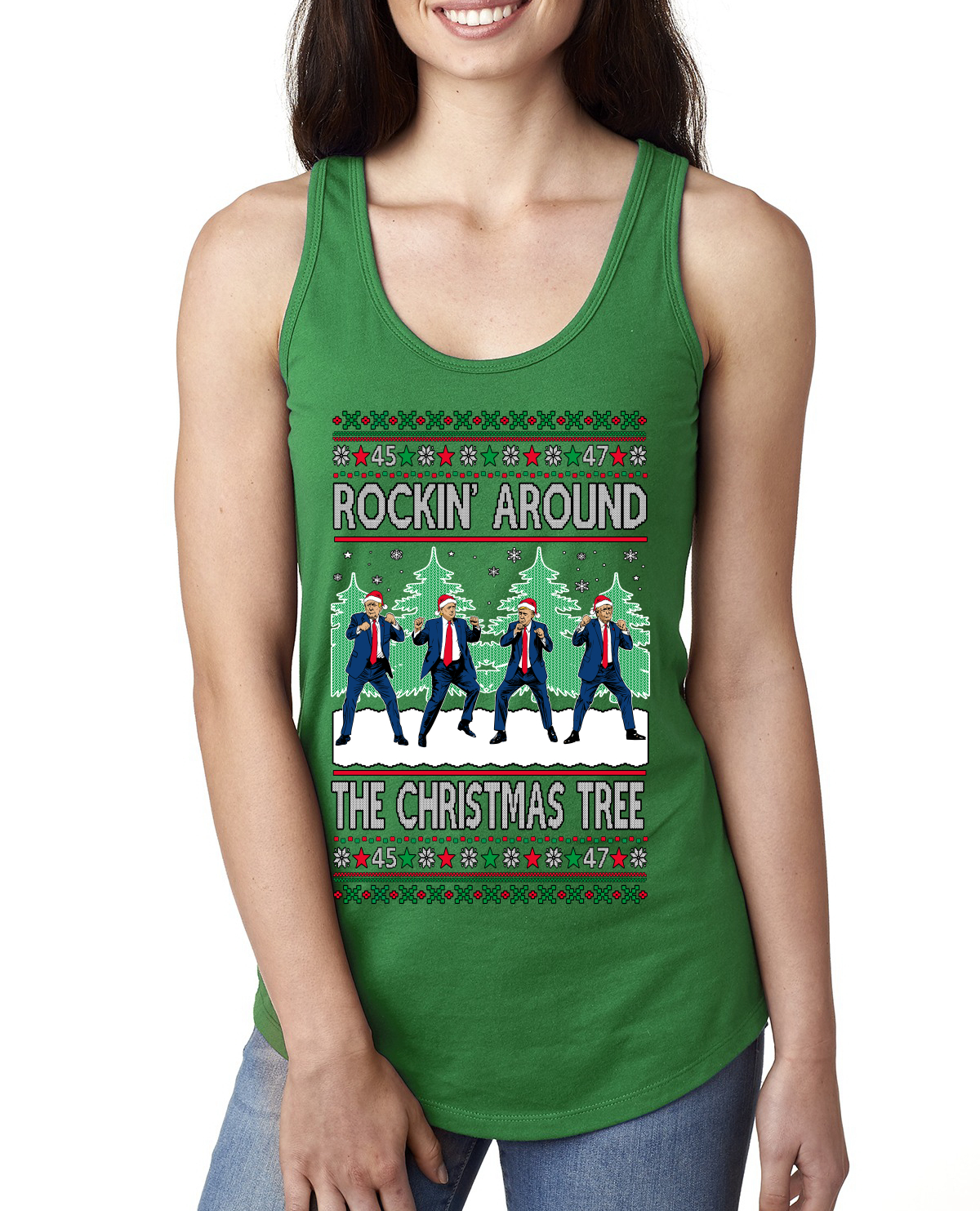 Rocking Around the Christmas Tree Trump Shimmy Dance Ladies Racerback Tank Top