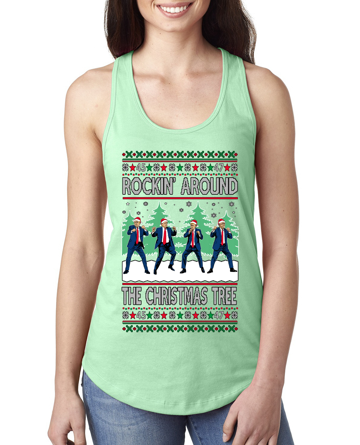 Rocking Around the Christmas Tree Trump Shimmy Dance Ladies Racerback Tank Top