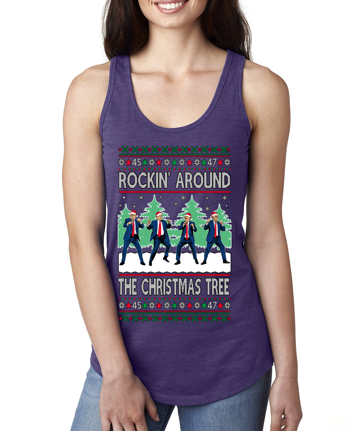 Rocking Around the Christmas Tree Trump Shimmy Dance Ladies Racerback Tank Top