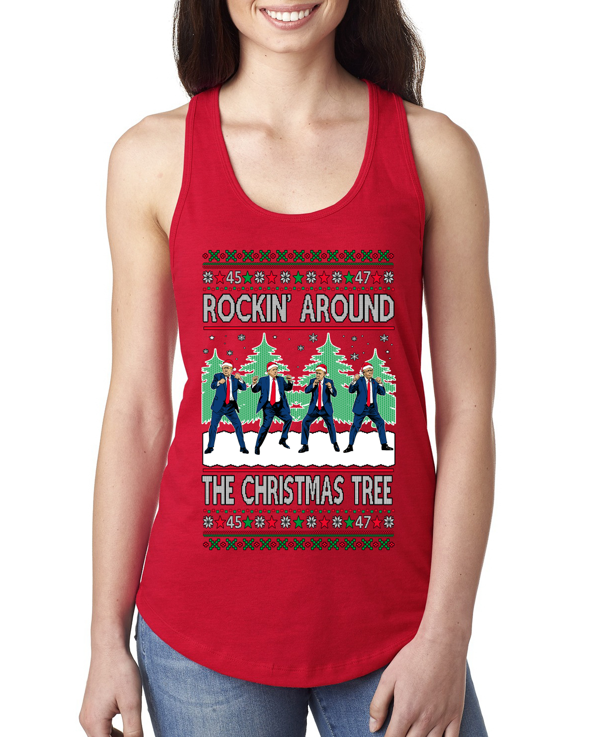 Rocking Around the Christmas Tree Trump Shimmy Dance Ladies Racerback Tank Top