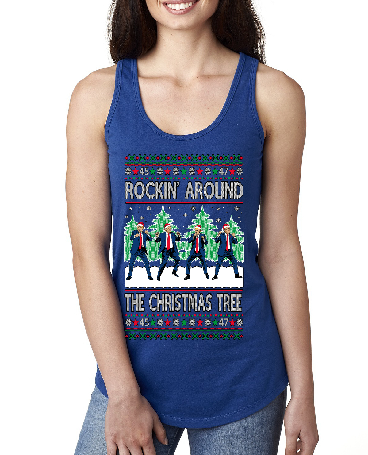 Rocking Around the Christmas Tree Trump Shimmy Dance Ladies Racerback Tank Top