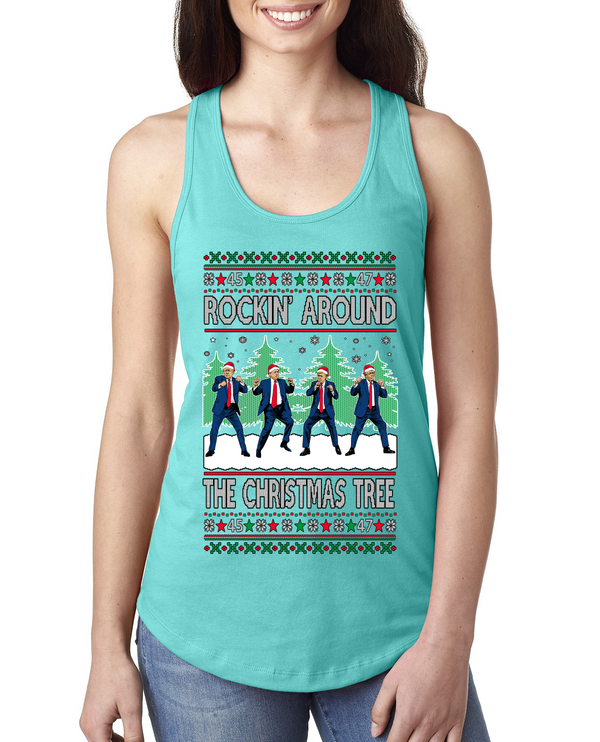 Rocking Around the Christmas Tree Trump Shimmy Dance Ladies Racerback Tank Top