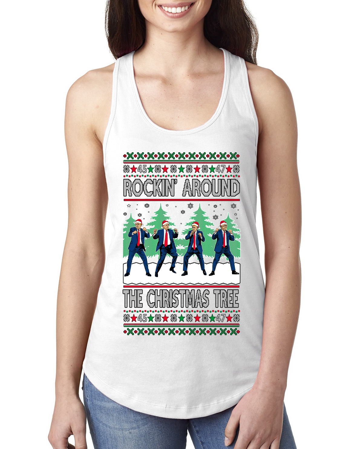 Rocking Around the Christmas Tree Trump Shimmy Dance Ladies Racerback Tank Top