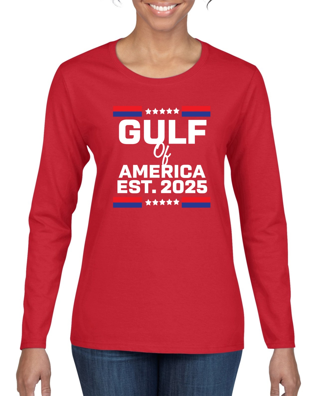 Gulf of America Est 2025 Golden Age Patriotic USA Womens Long Sleeve Shirt - Picture 7 of 8