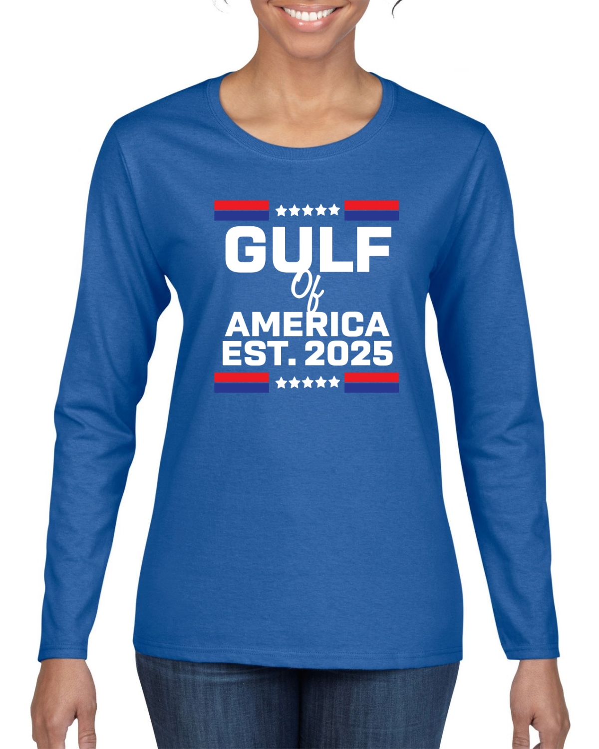 Gulf of America Est 2025 Golden Age Patriotic USA Womens Long Sleeve Shirt - Picture 8 of 8