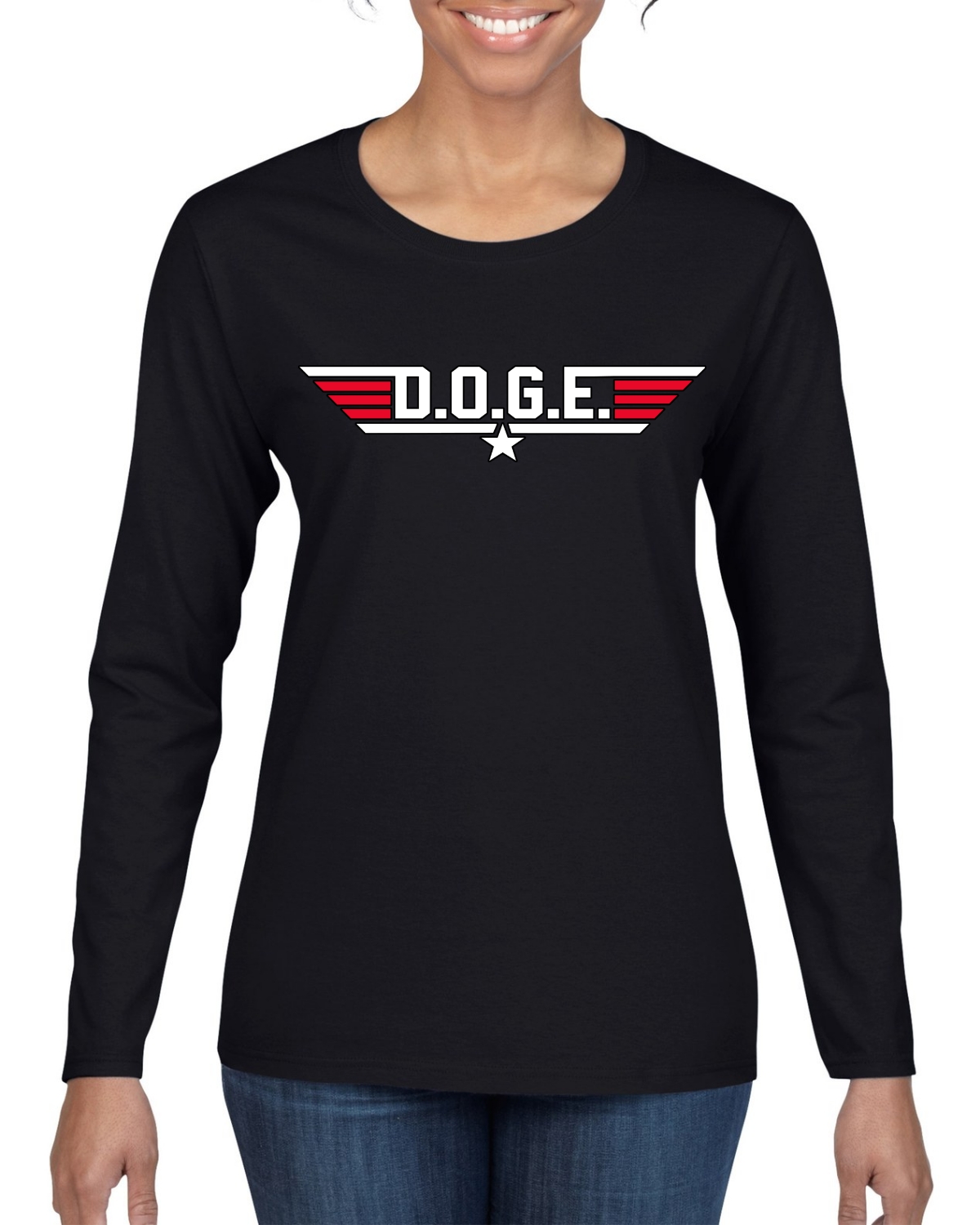DOGE Red White Classic 80s Parody Logo Democrats Womens Long Sleeve Shirt
