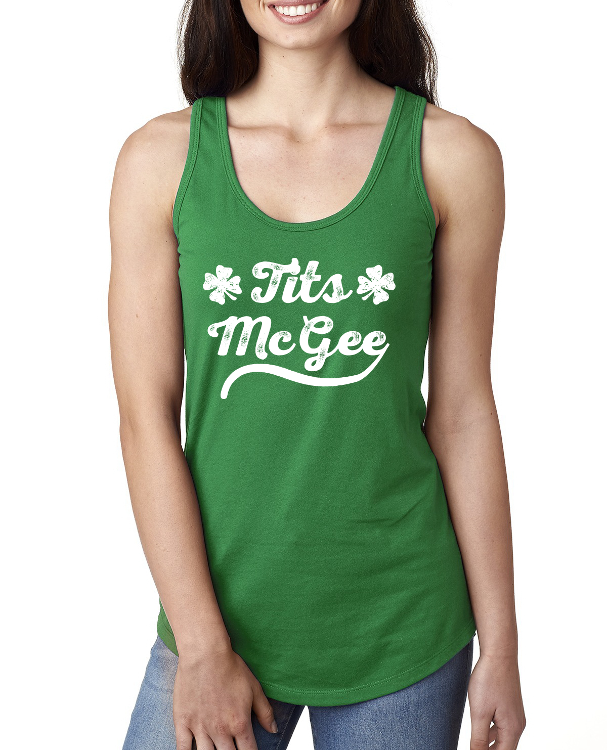 Tits McGee Funny Irish Clover Drinking Name St Patricks Day Racerback Tank Top - Picture 3 of 3