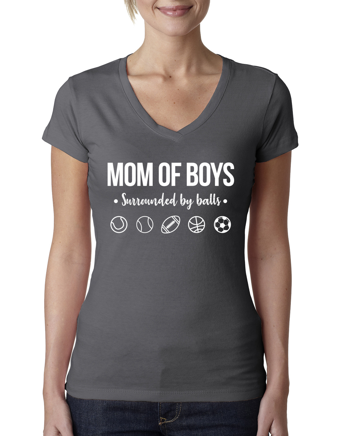 Mom of Boys Surrounded by Balls Women Junior V-Neck Tee - Picture 8 of 11