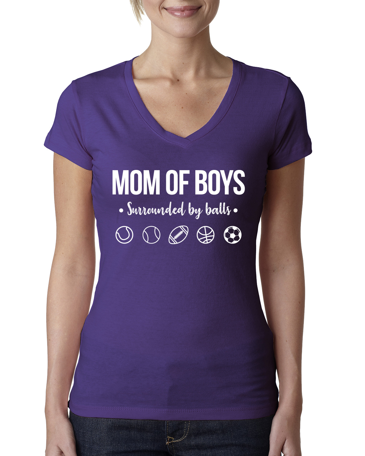 Mom of Boys Surrounded by Balls Women Junior V-Neck Tee - Picture 9 of 11