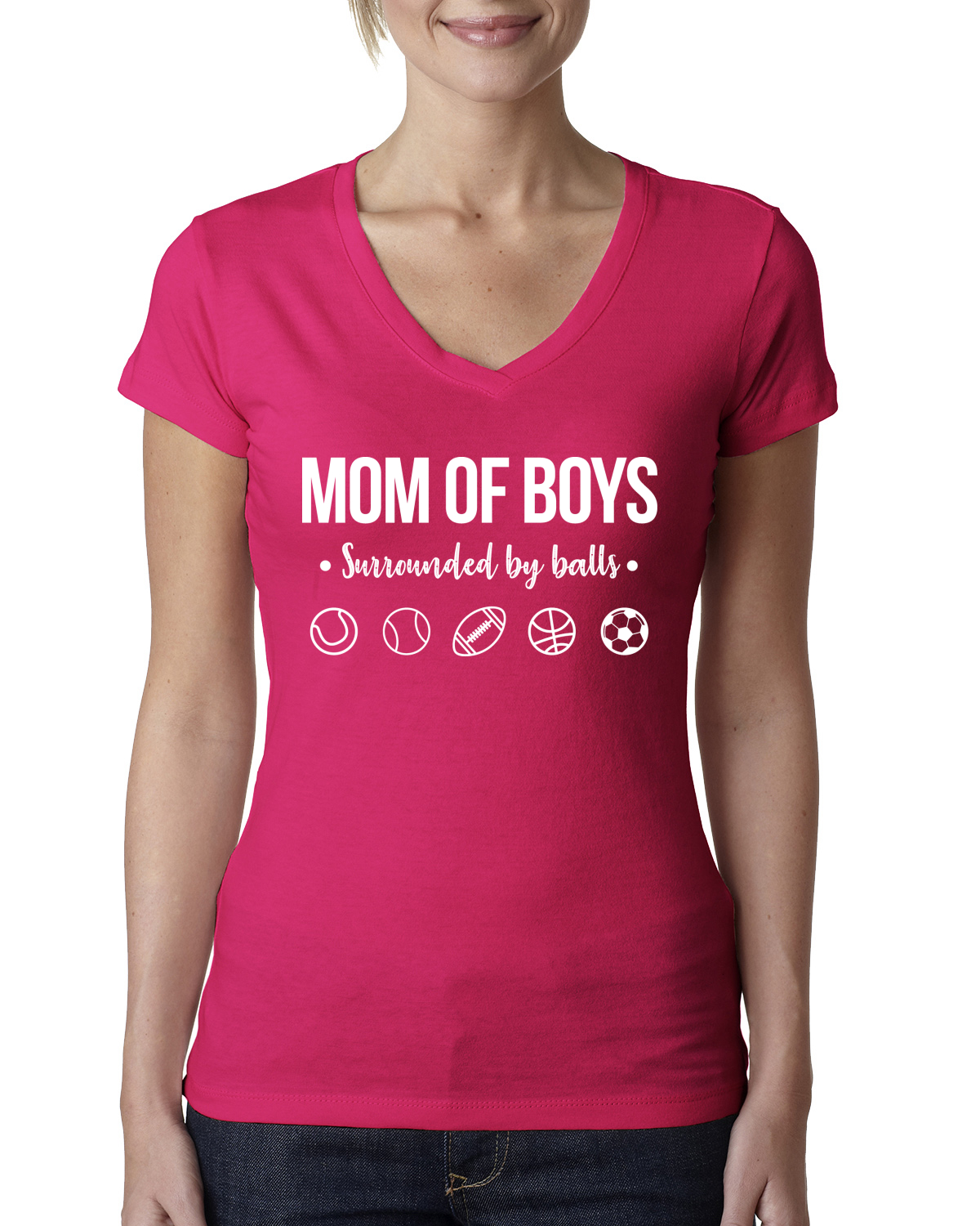 Mom of Boys Surrounded by Balls Women Junior V-Neck Tee - Picture 10 of 11