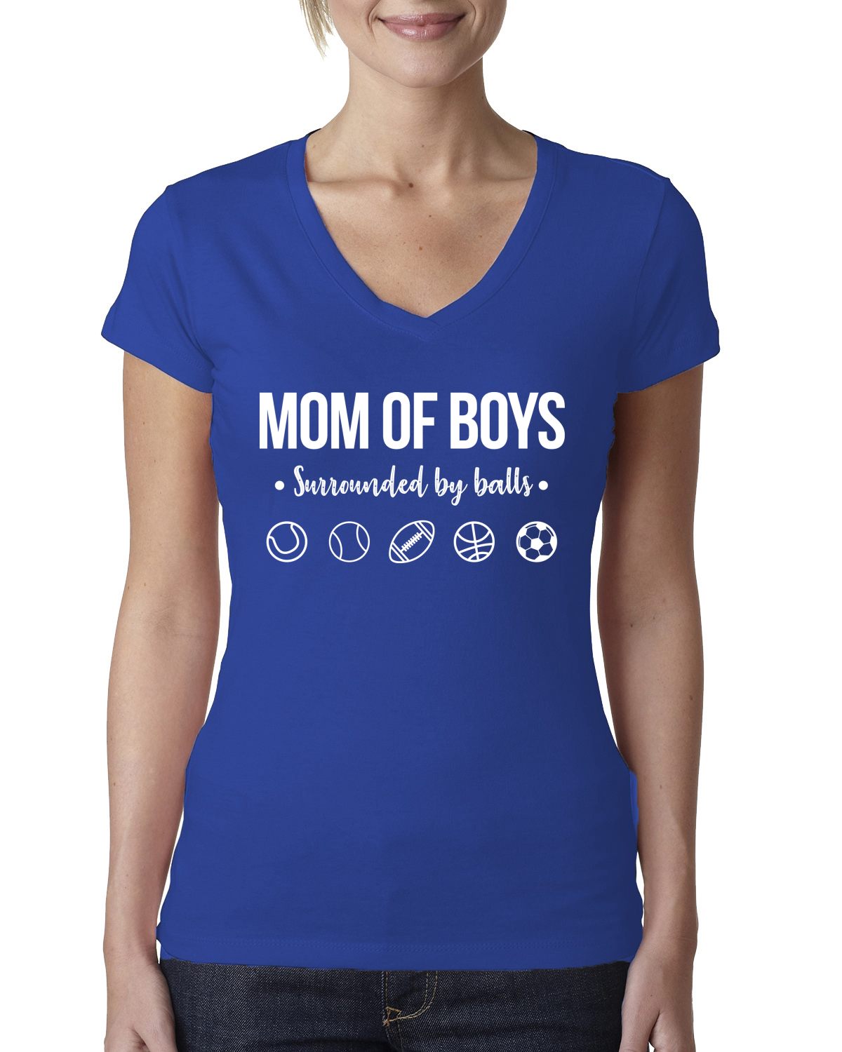 Mom of Boys Surrounded by Balls Women Junior V-Neck Tee - Picture 7 of 11
