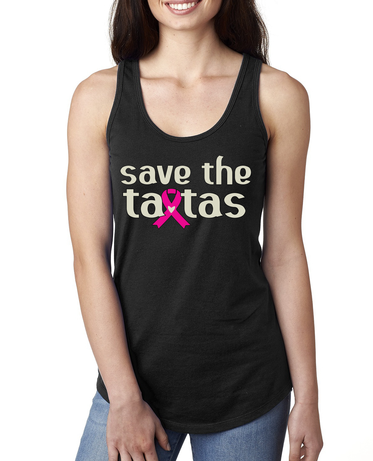 Top sin mangas Save the Tatas rosa para sobrevivientes de cáncer damas Racerback - Imagen 3 de 16