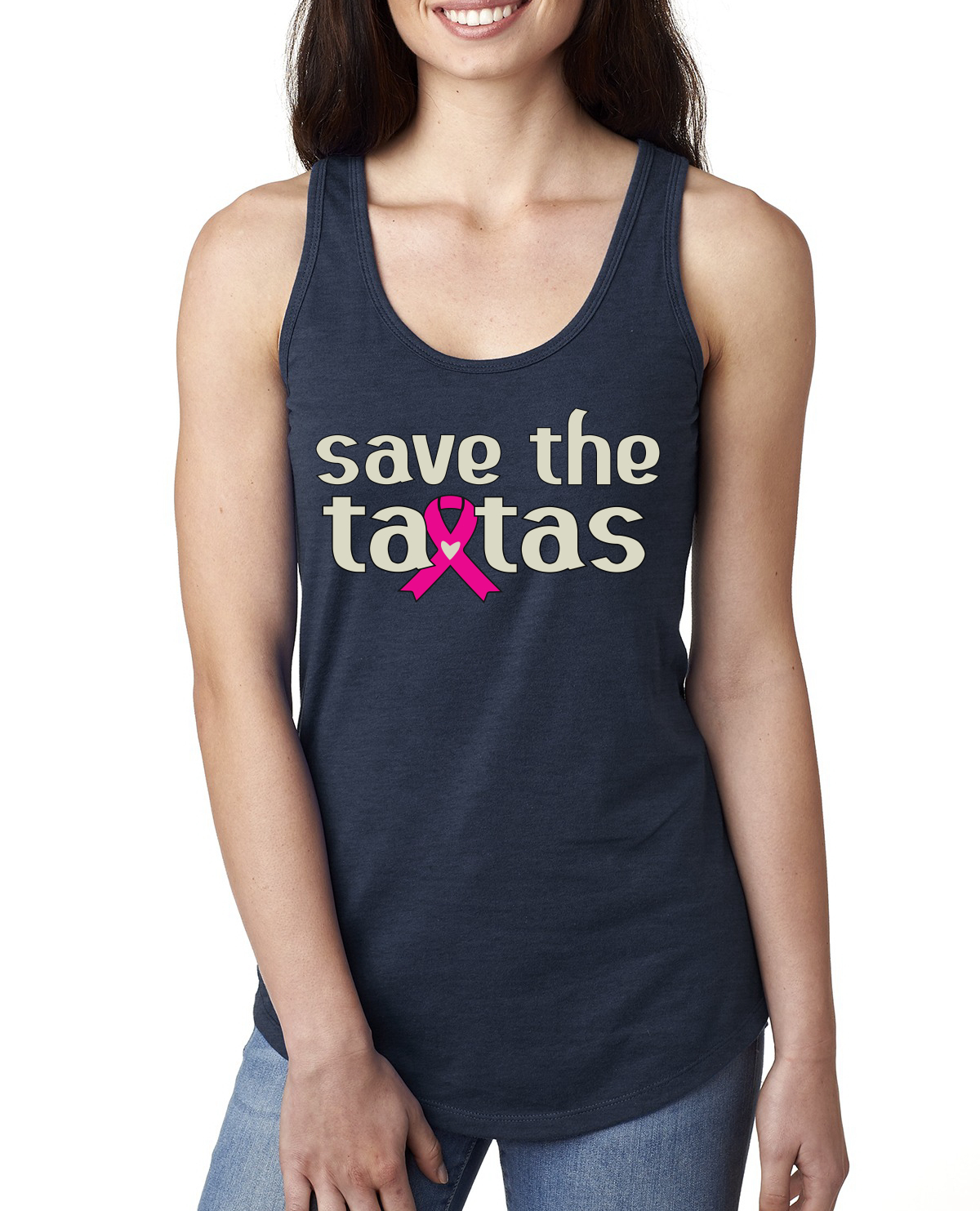Top sin mangas Save the Tatas rosa para sobrevivientes de cáncer damas Racerback - Imagen 6 de 16