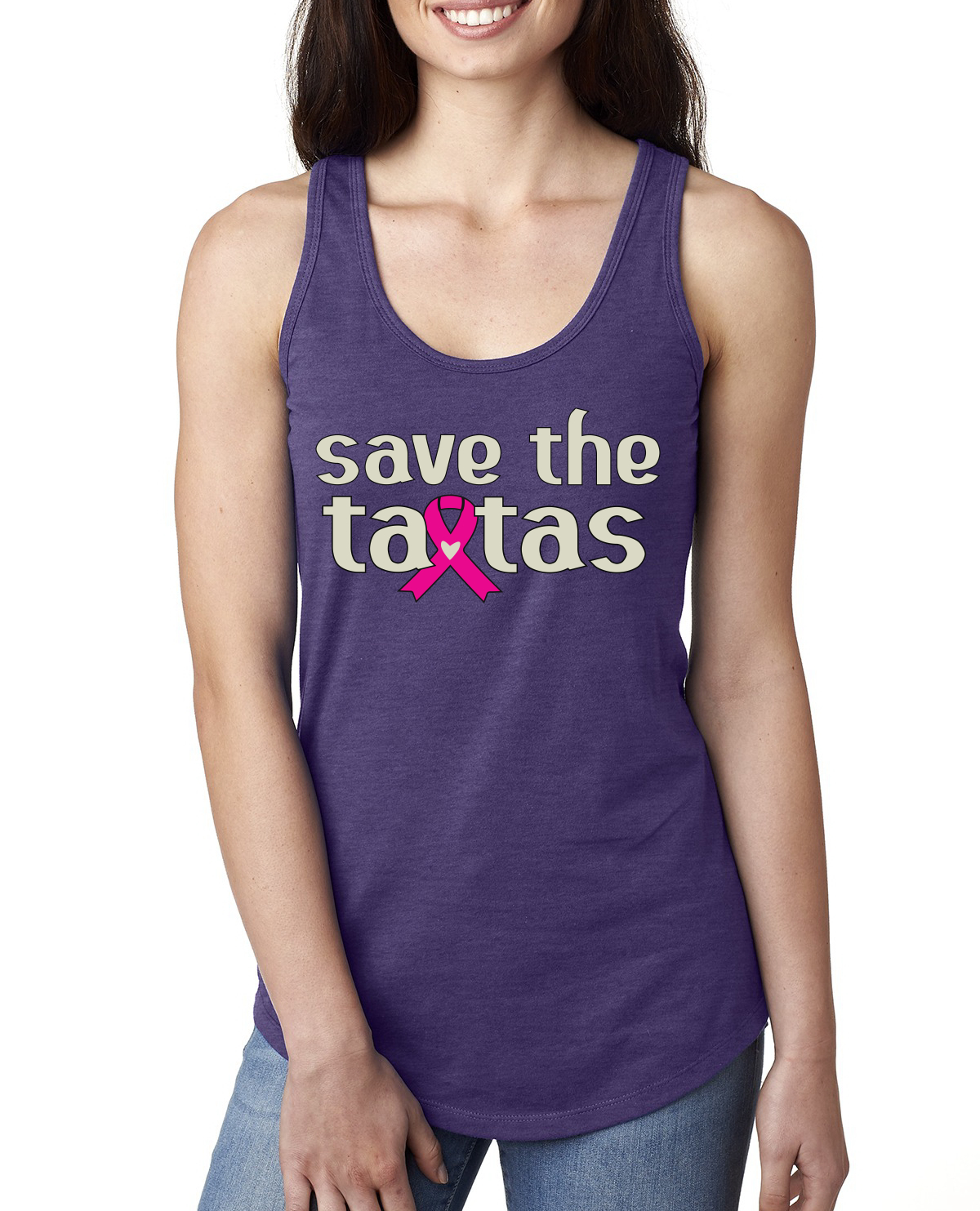 Top sin mangas Save the Tatas rosa para sobrevivientes de cáncer damas Racerback - Imagen 14 de 16