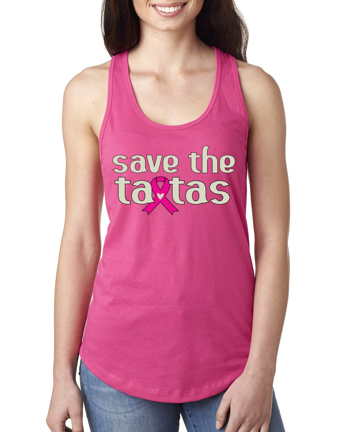 Top sin mangas Save the Tatas rosa para sobrevivientes de cáncer damas Racerback - Imagen 15 de 16