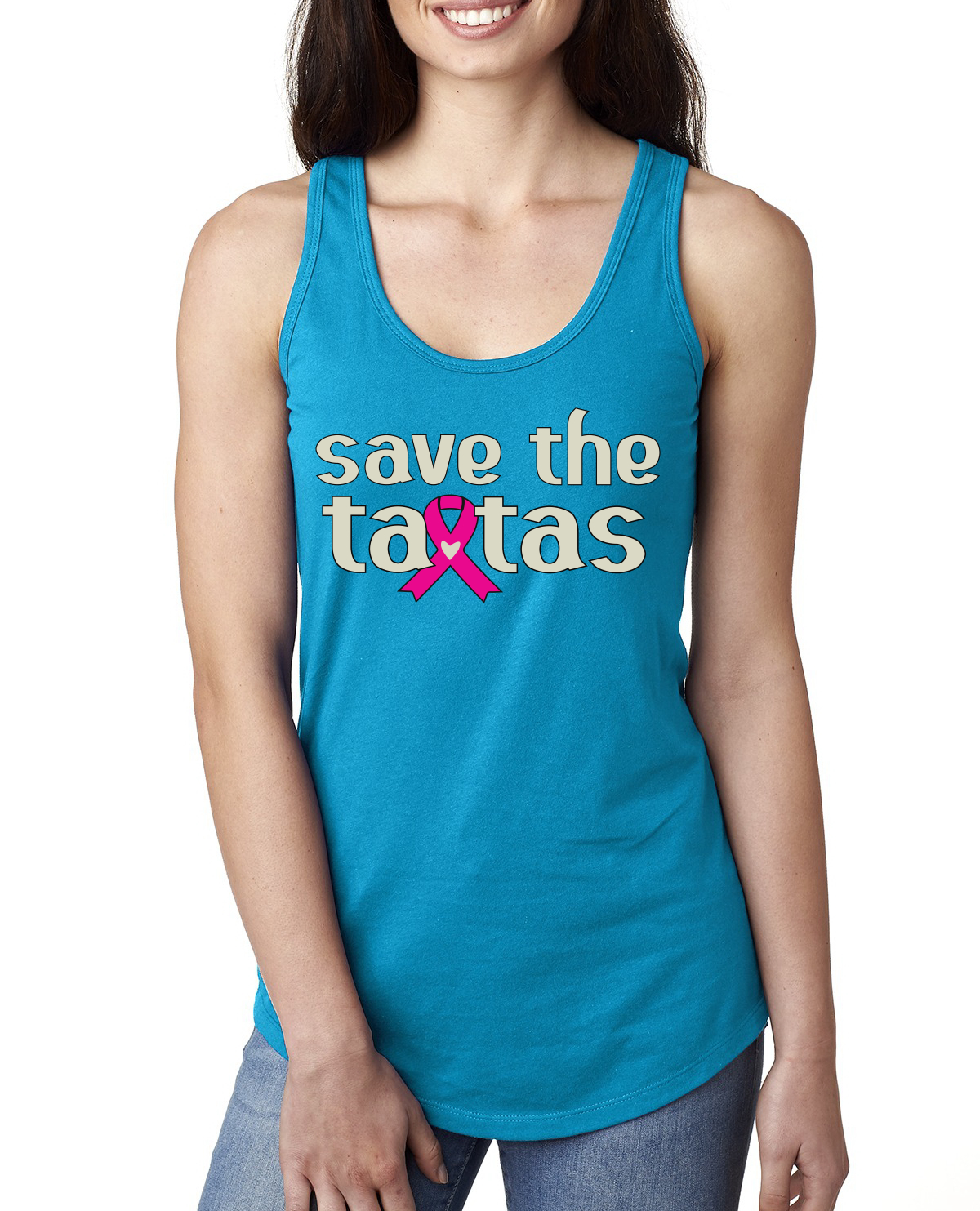 Top sin mangas Save the Tatas rosa para sobrevivientes de cáncer damas Racerback - Imagen 10 de 16
