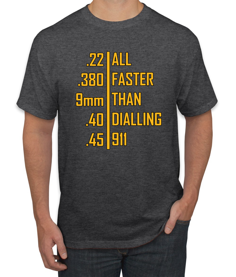 Camiseta gráfica todo más rápido que marcar 911 munición profesional pistola humor para hombres - Imagen 8 de 26