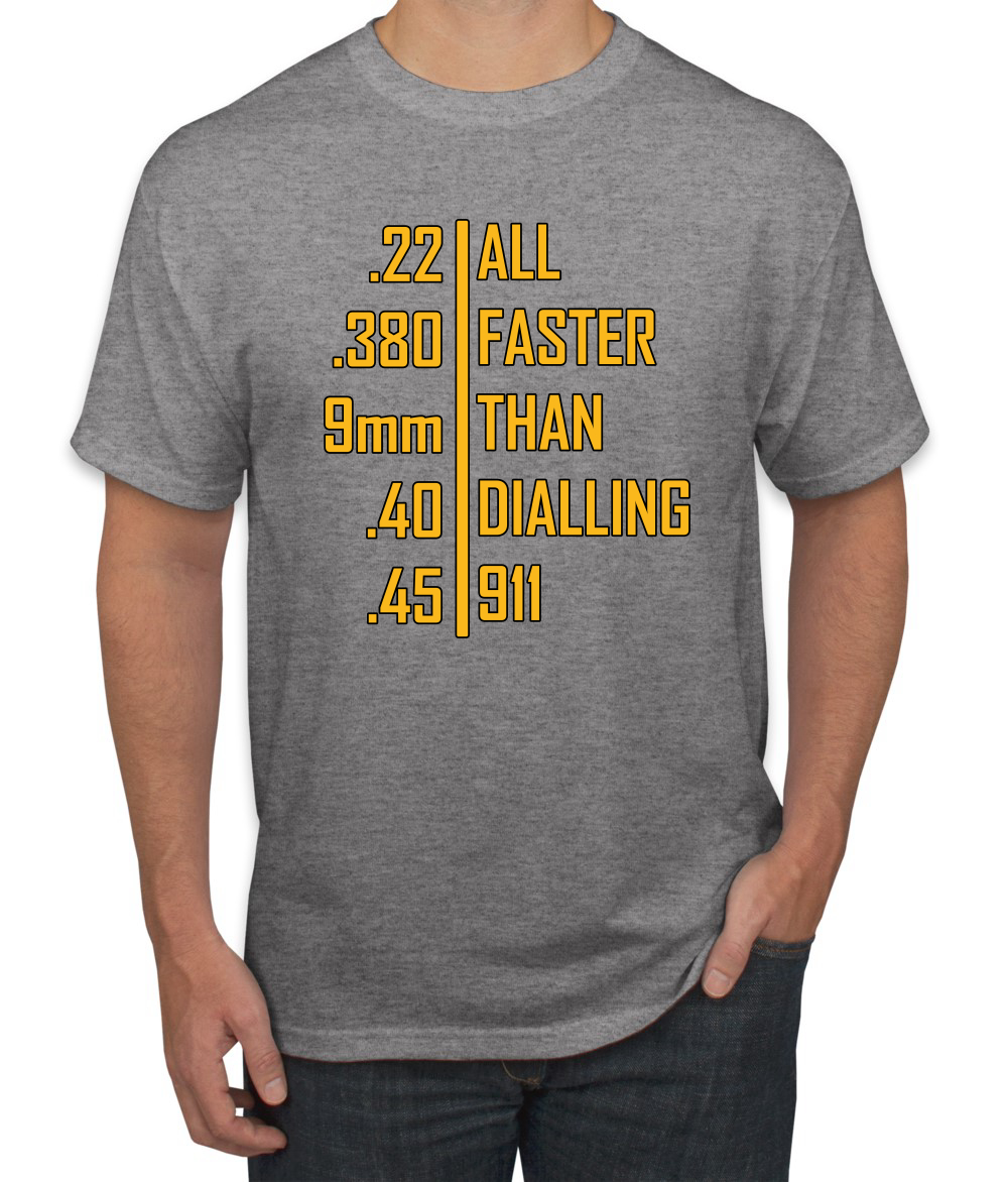 Camiseta gráfica todo más rápido que marcar 911 munición profesional pistola humor para hombres - Imagen 9 de 26