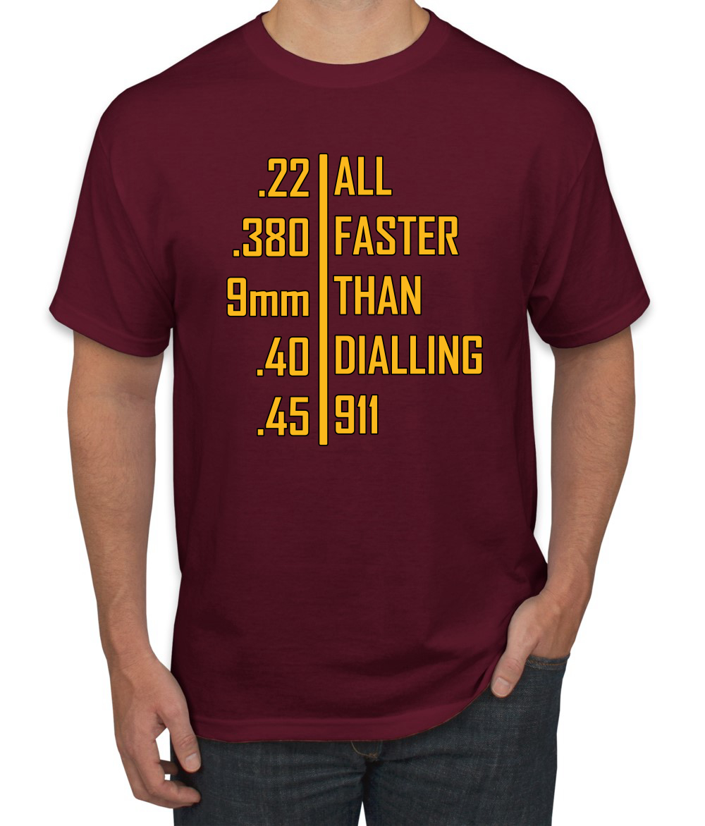 Camiseta gráfica todo más rápido que marcar 911 munición profesional pistola humor para hombres - Imagen 14 de 26