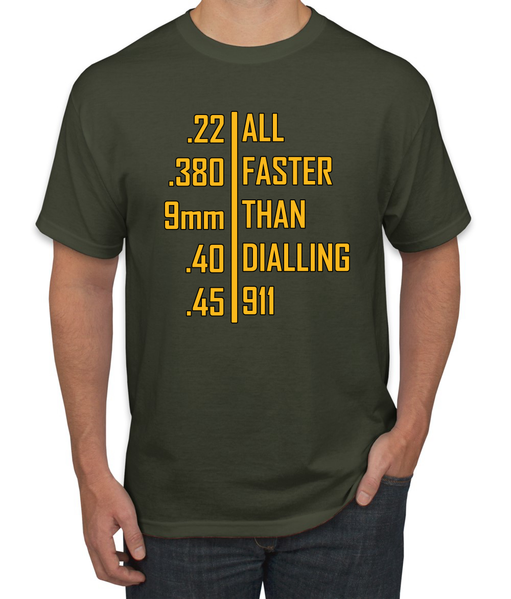 Camiseta gráfica todo más rápido que marcar 911 munición profesional pistola humor para hombres - Imagen 15 de 26