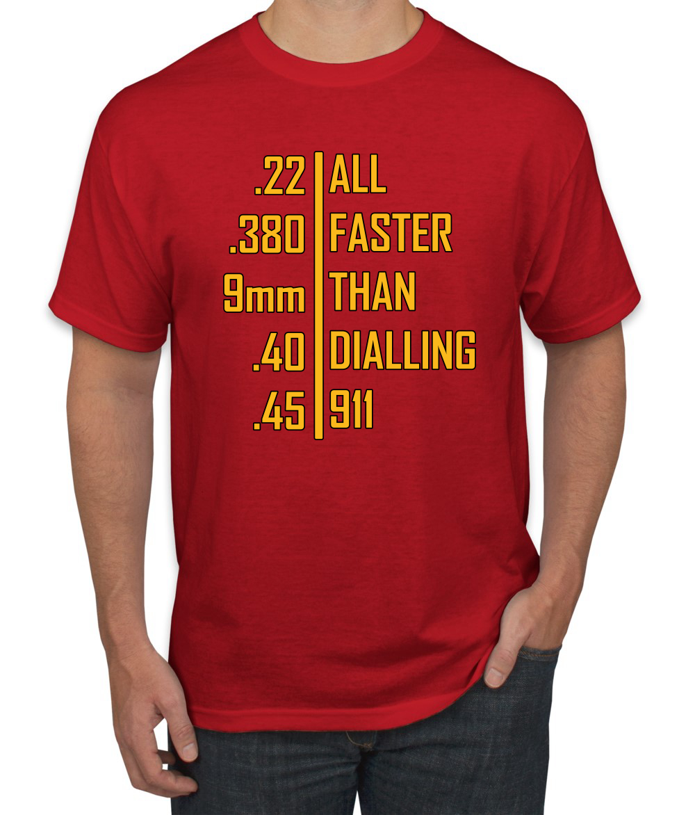 Camiseta gráfica todo más rápido que marcar 911 munición profesional pistola humor para hombres - Imagen 20 de 26
