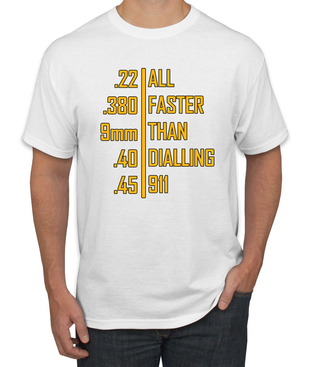Camiseta gráfica todo más rápido que marcar 911 munición profesional pistola humor para hombres - Imagen 26 de 26