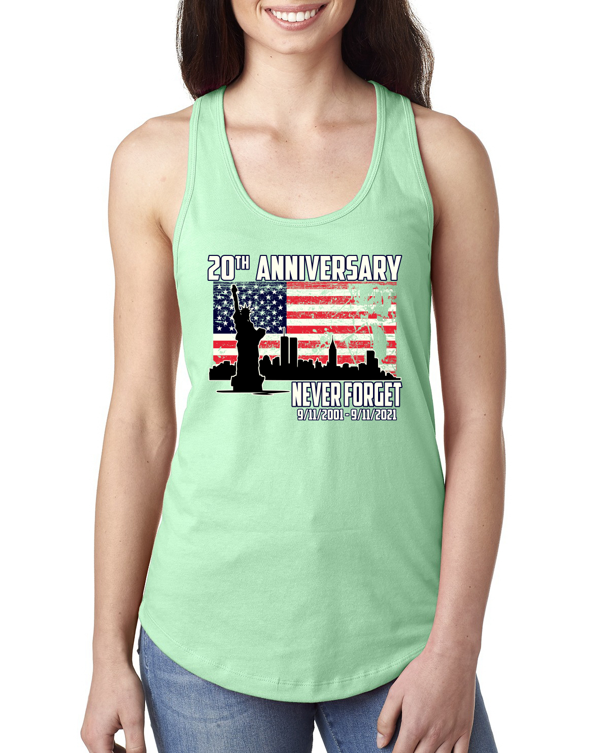 Patriot Day 9/11 Never Forget 20th Annivesary Ladies Racerback Tank Top - Picture 12 of 15