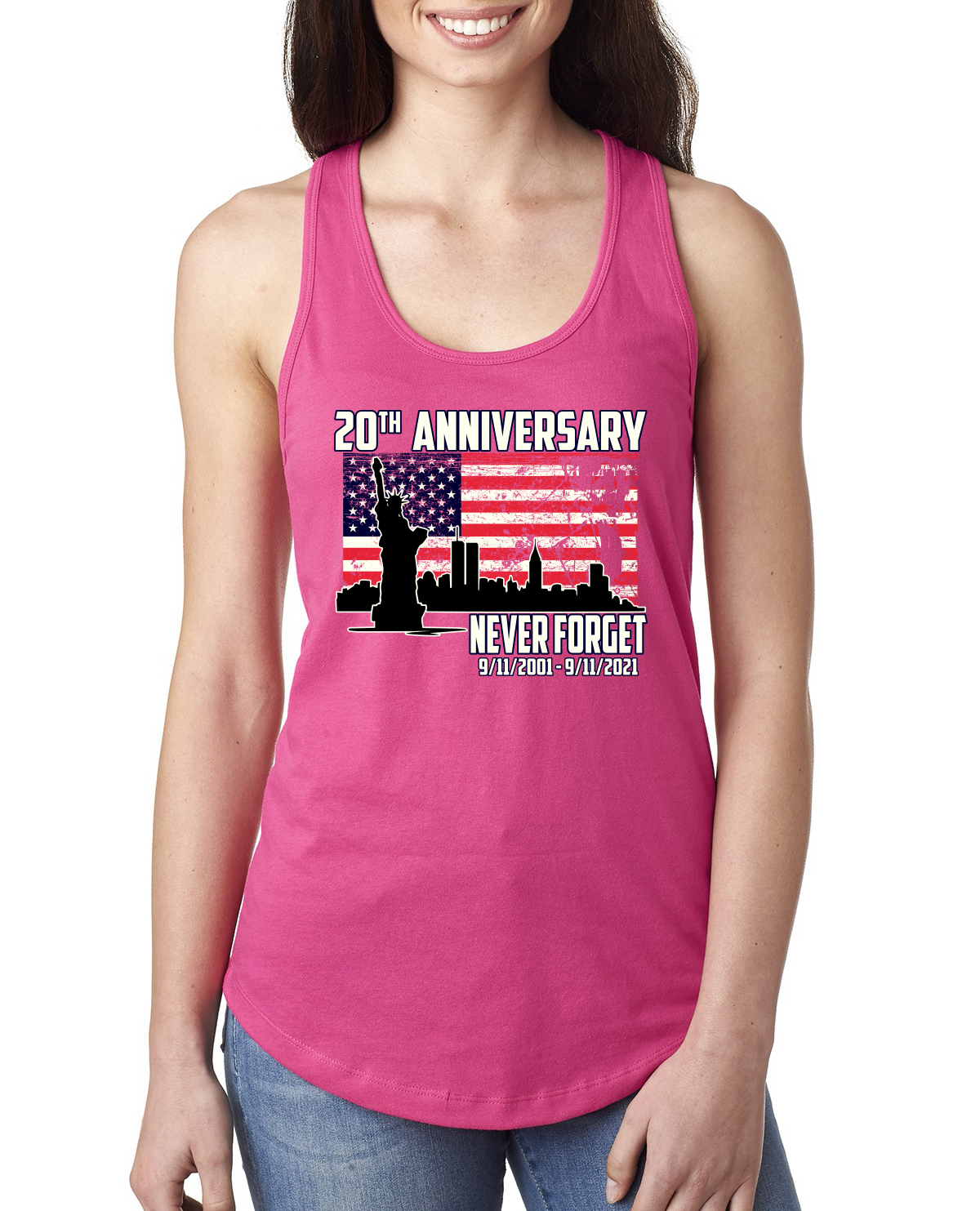 Patriot Day 9/11 Never Forget 20th Annivesary Ladies Racerback Tank Top - Picture 14 of 15