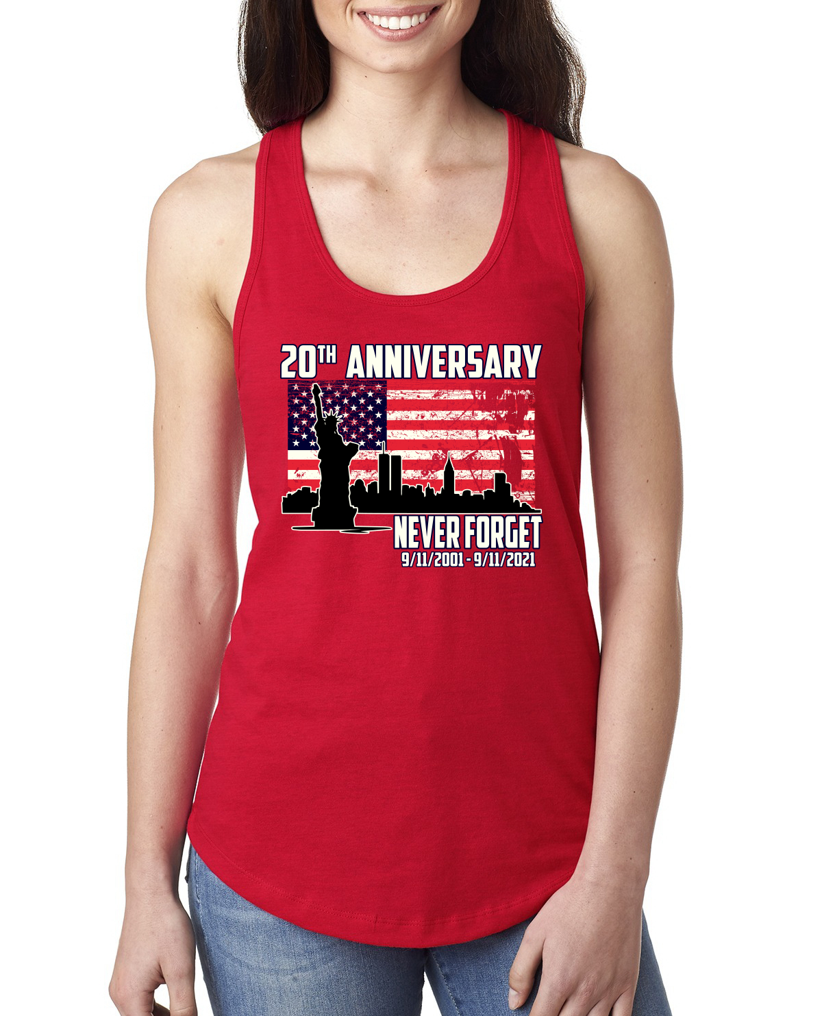 Patriot Day 9/11 Never Forget 20th Annivesary Ladies Racerback Tank Top - Picture 7 of 15