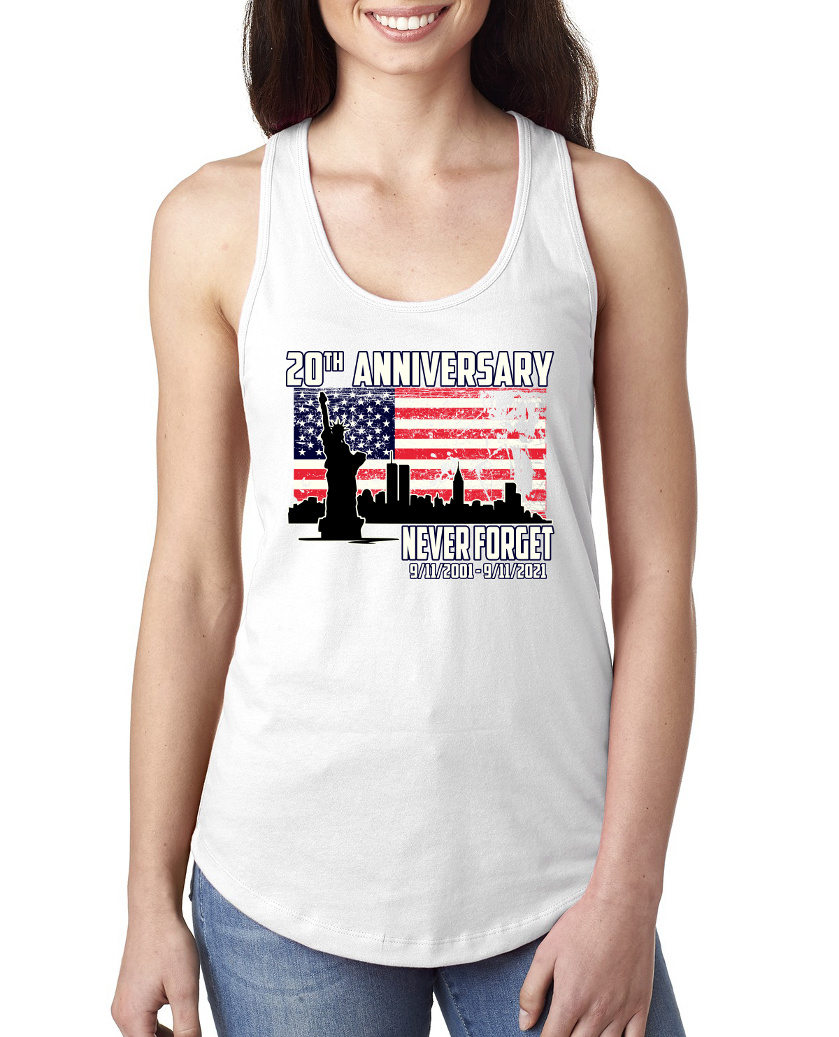 Patriot Day 9/11 Never Forget 20th Annivesary Ladies Racerback Tank Top - Picture 9 of 15