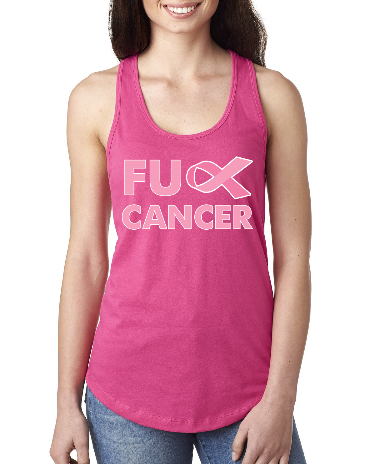 White Women's junior fit Racerback Tank Top Pink Ribbon Breast Cancer Awareness 