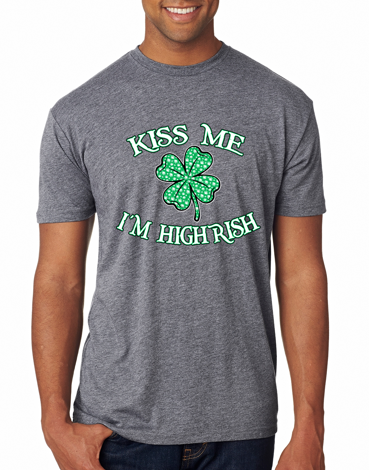 Kiss Me Im Highrish St Patricks Day Clover Men Premium Tri Blend Tshirt - Picture 4 of 6