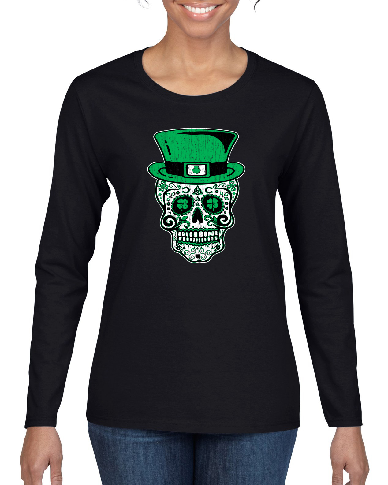 Camisa San Patricio Día de los Muertos Calavera de Azúcar Mujeres Mangas Largas - Imagen 3 de 5