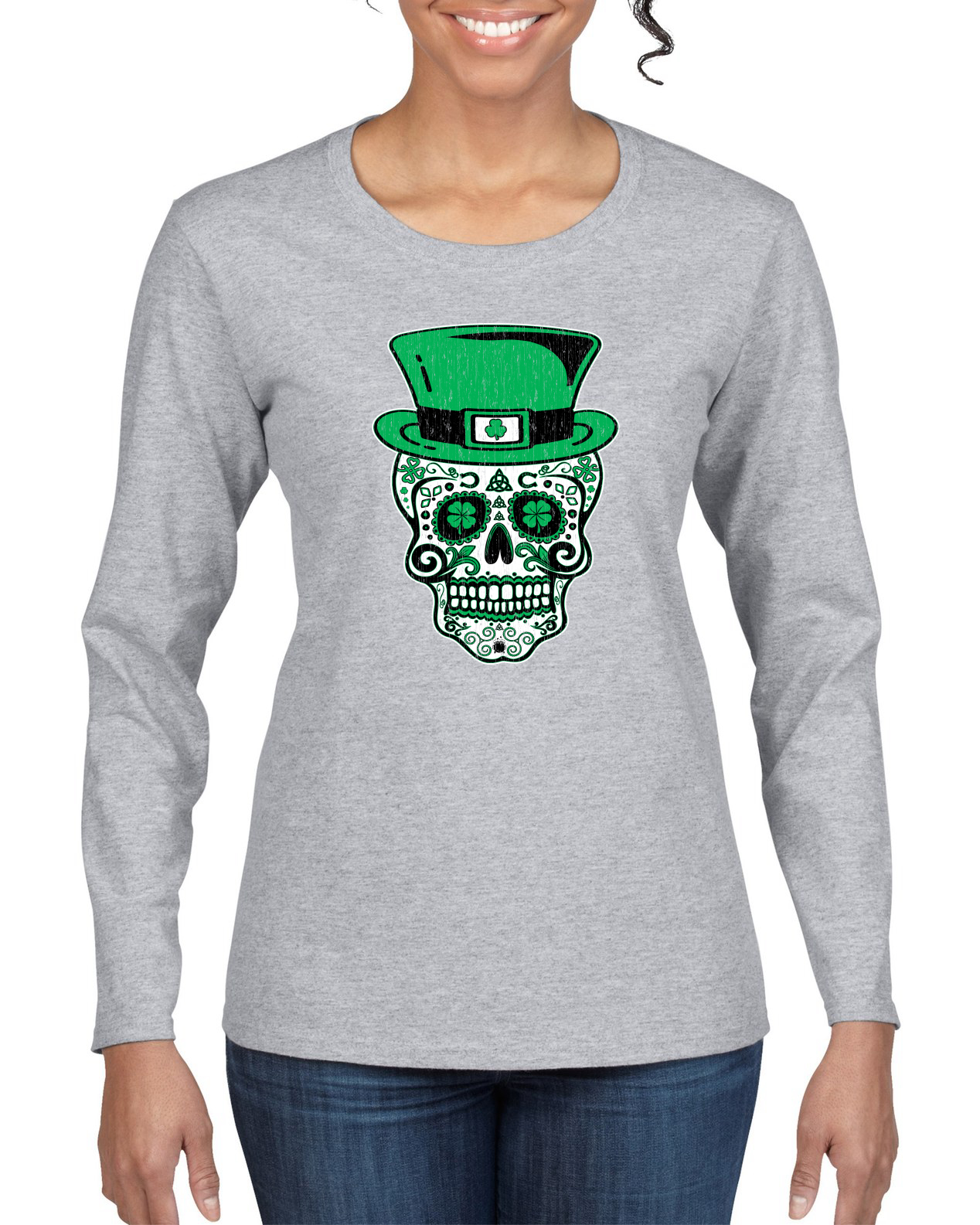 Camisa San Patricio Día de los Muertos Calavera de Azúcar Mujeres Mangas Largas - Imagen 4 de 5