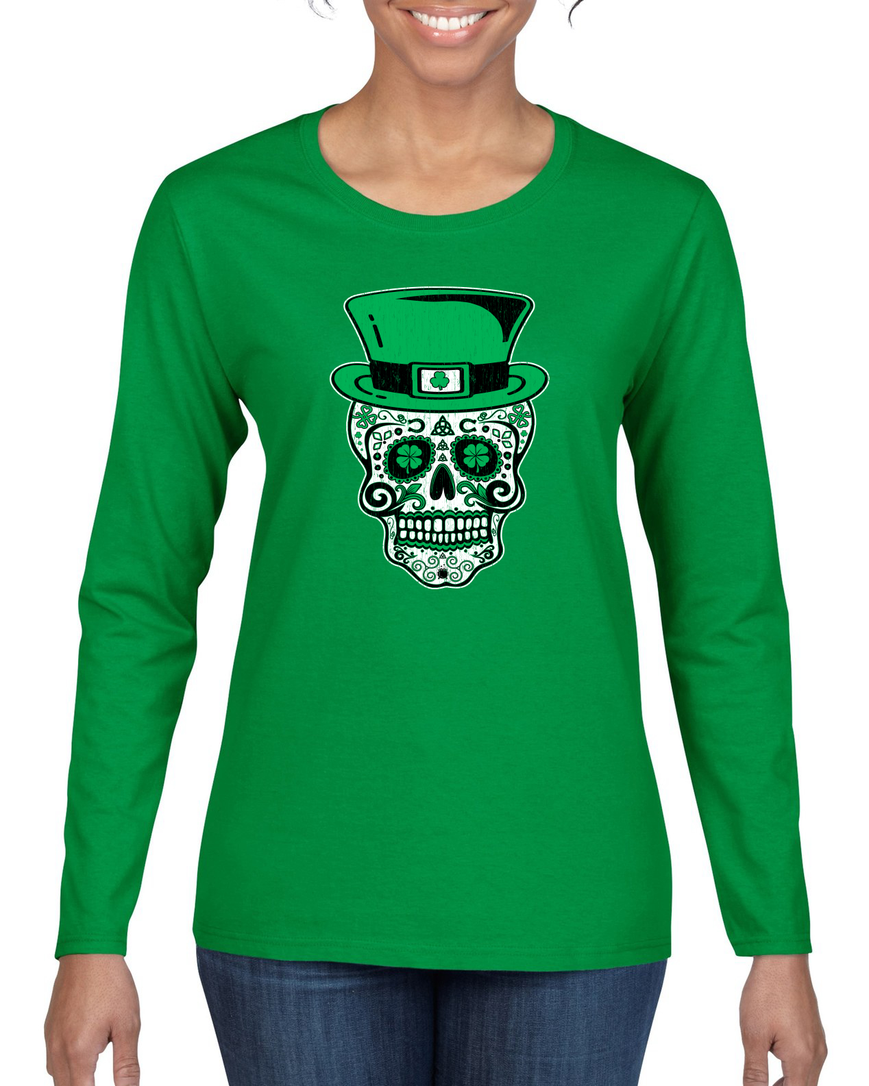 Camisa San Patricio Día de los Muertos Calavera de Azúcar Mujeres Mangas Largas - Imagen 5 de 5