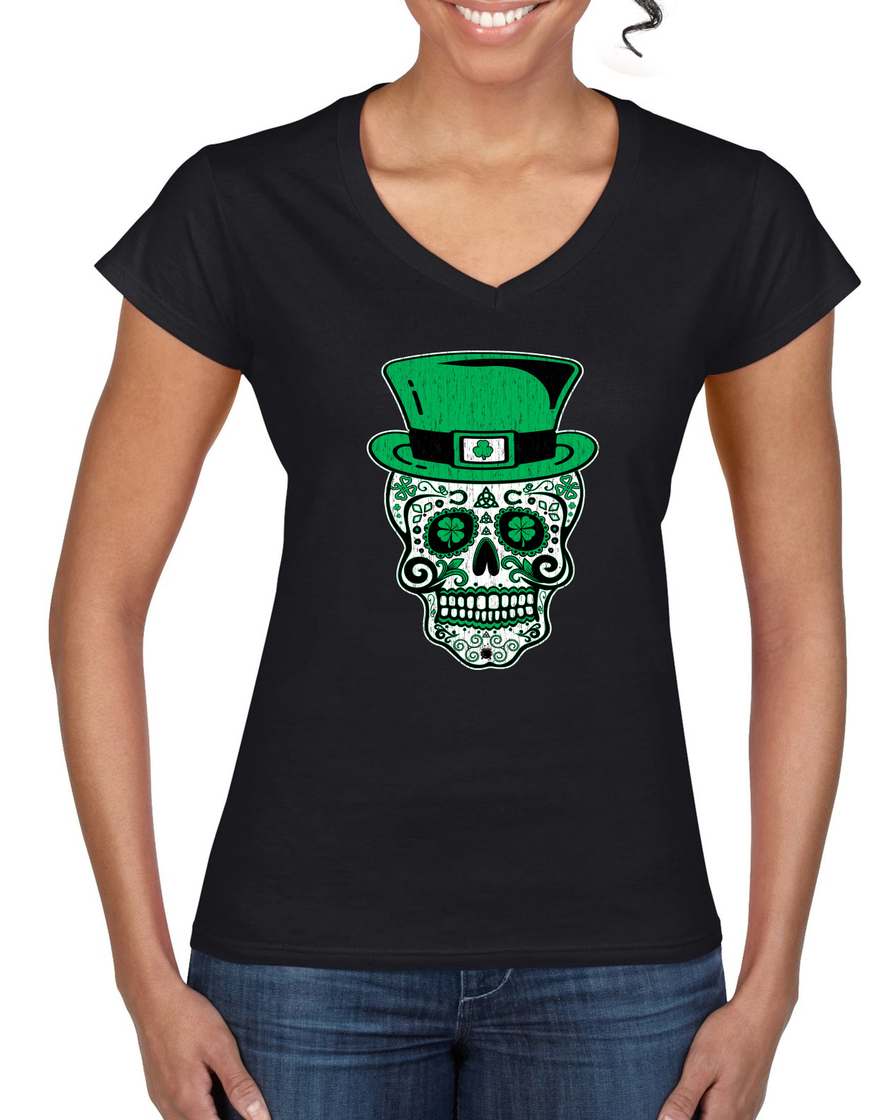 Saint Patricks Day of the Dead Sugar Skull Women Standard V-Neck Tee - Picture 3 of 4