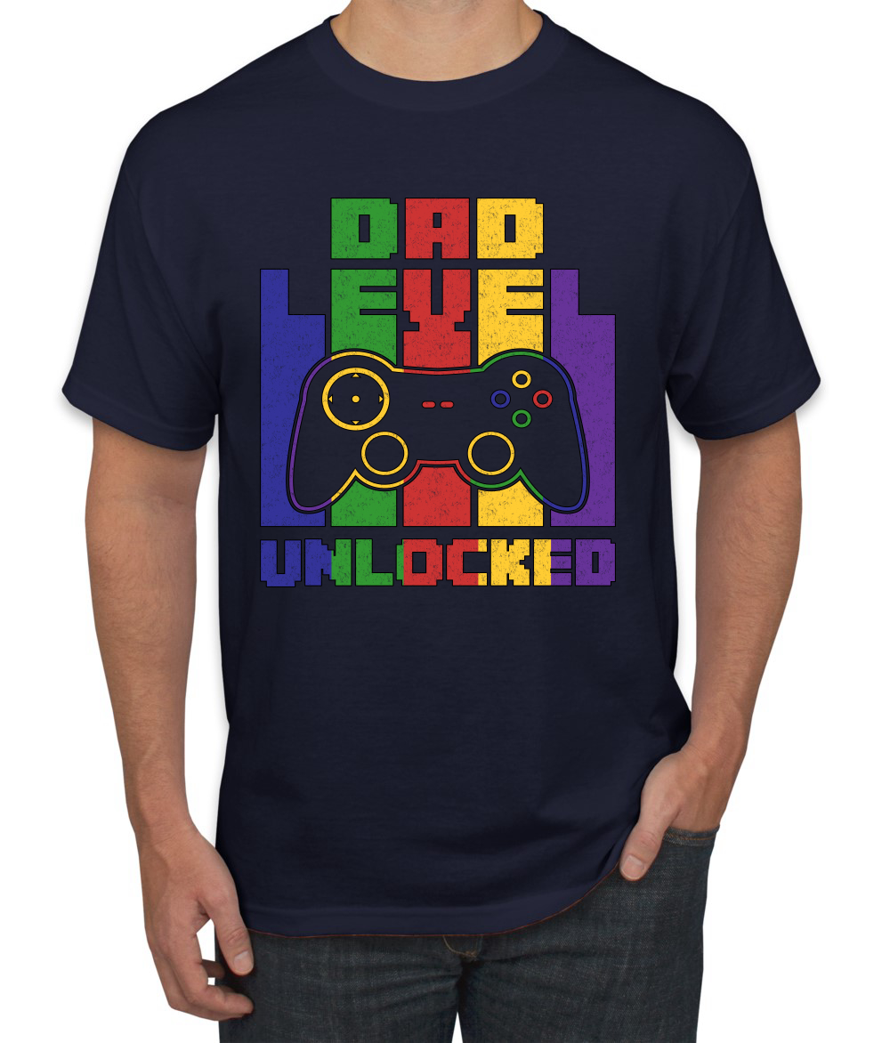 New Dad T-Shirt Gamer Father Shirt Dad Level Unlocked Tee Gift for Fathers Navy Blue