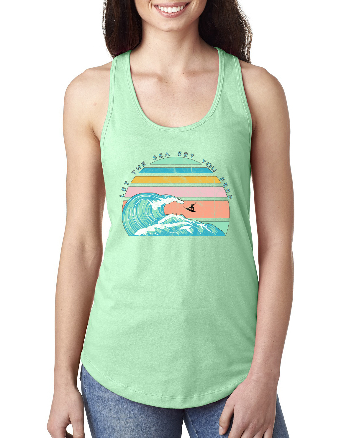 Retro Let The Sea Set You Free Outdoor Ladies Racerback Tank Top - Picture 11 of 14
