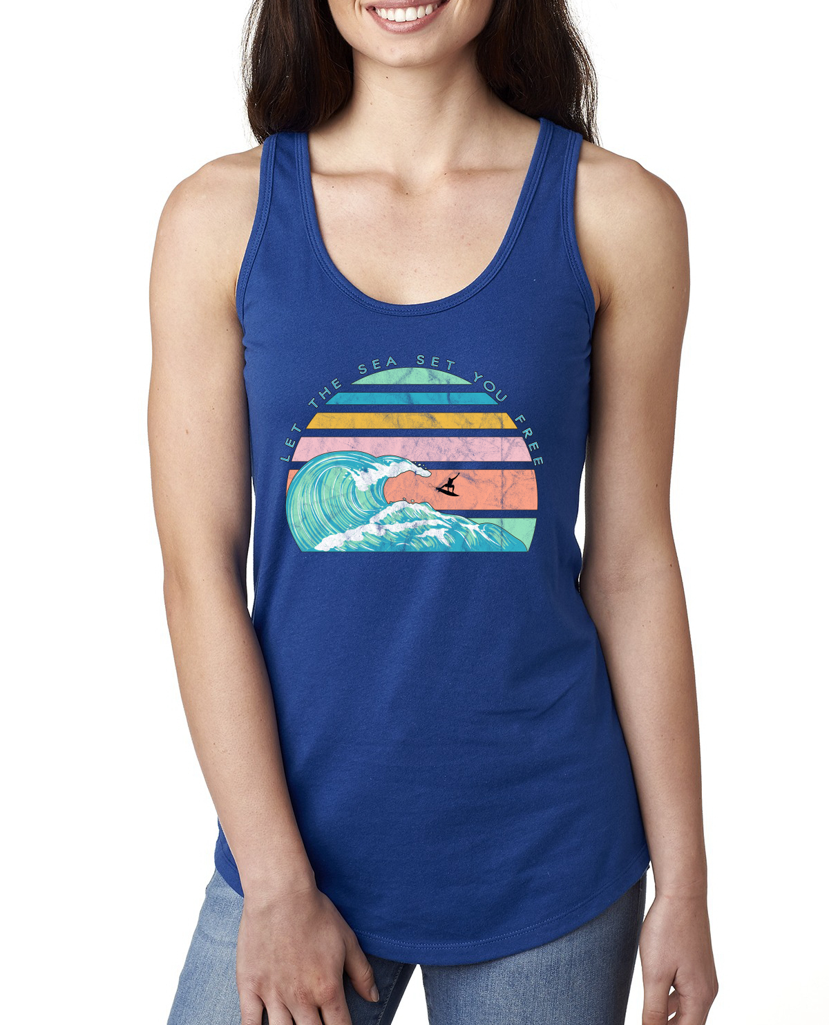 Retro Let The Sea Set You Free Outdoor Ladies Racerback Tank Top - Picture 7 of 14