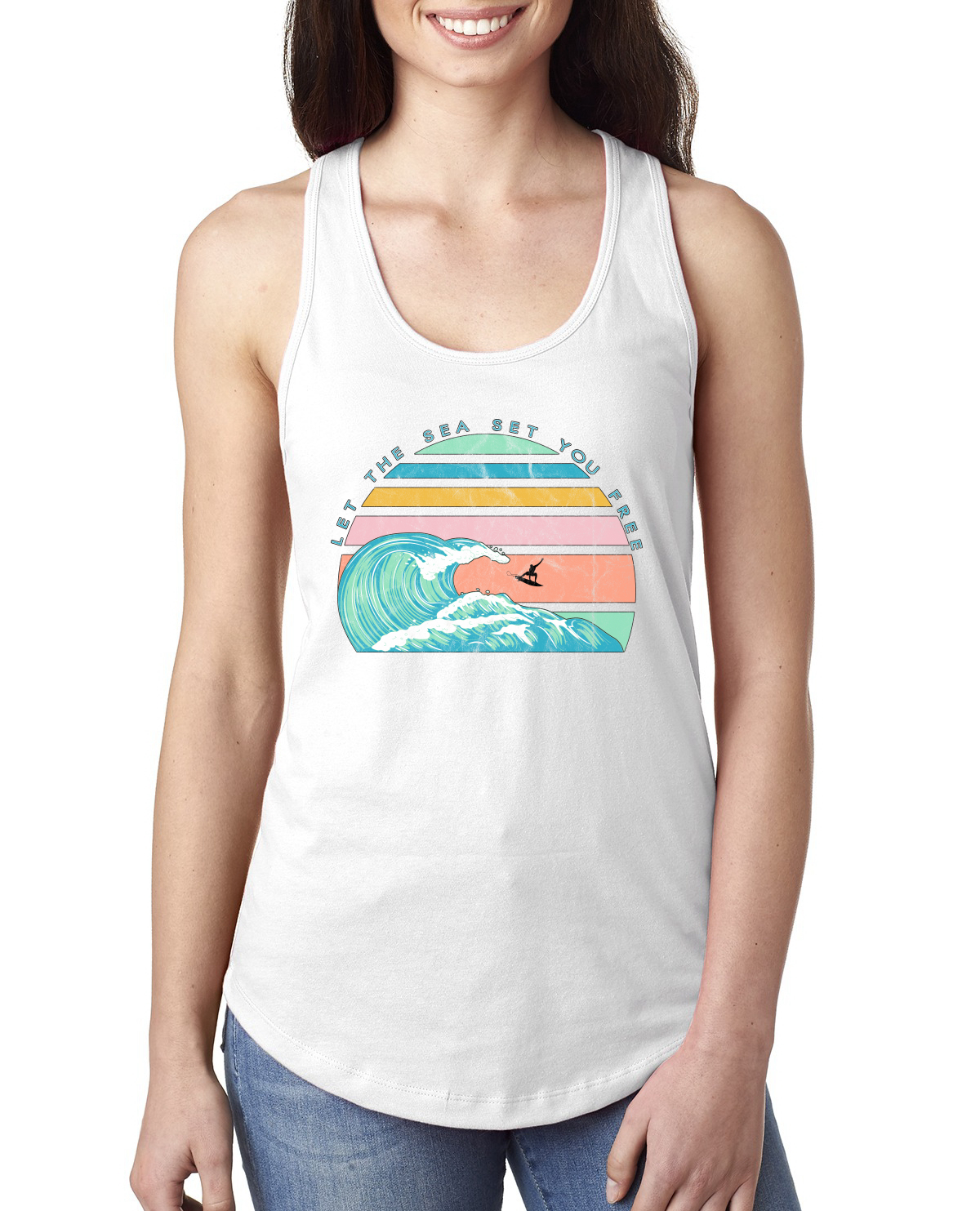 Retro Let The Sea Set You Free Outdoor Ladies Racerback Tank Top - Picture 8 of 14