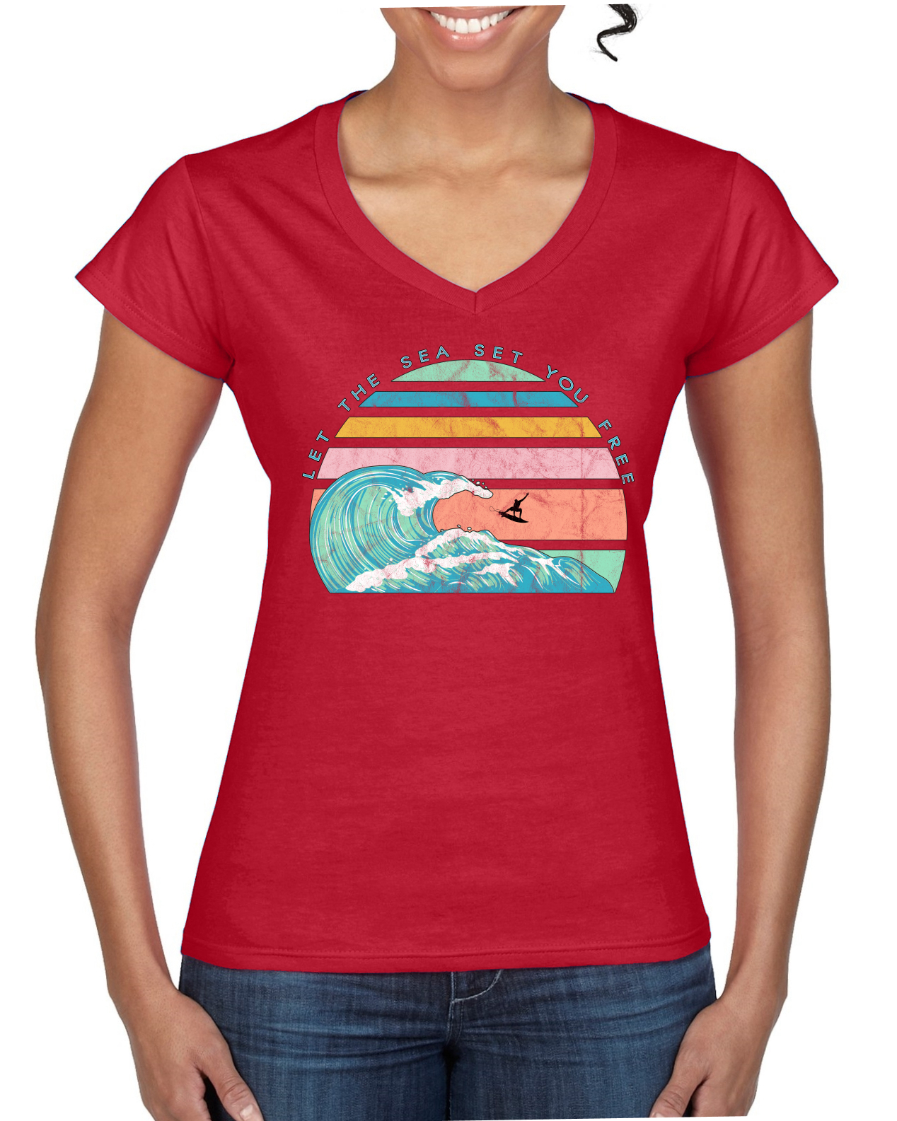 Camiseta Retro Let The Sea Set You Free Outdoor Mujer Estándar Cuello en V - Imagen 5 de 7