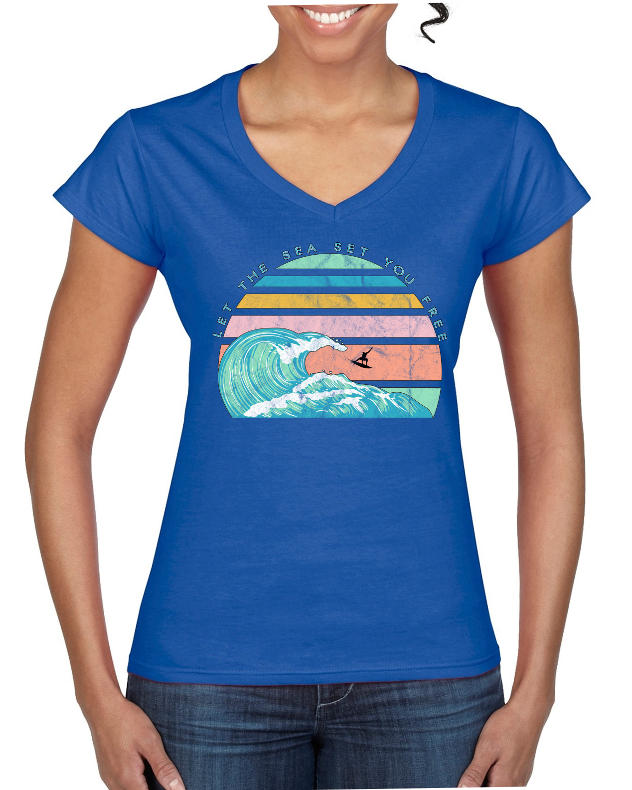 Camiseta Retro Let The Sea Set You Free Outdoor Mujer Estándar Cuello en V - Imagen 6 de 7