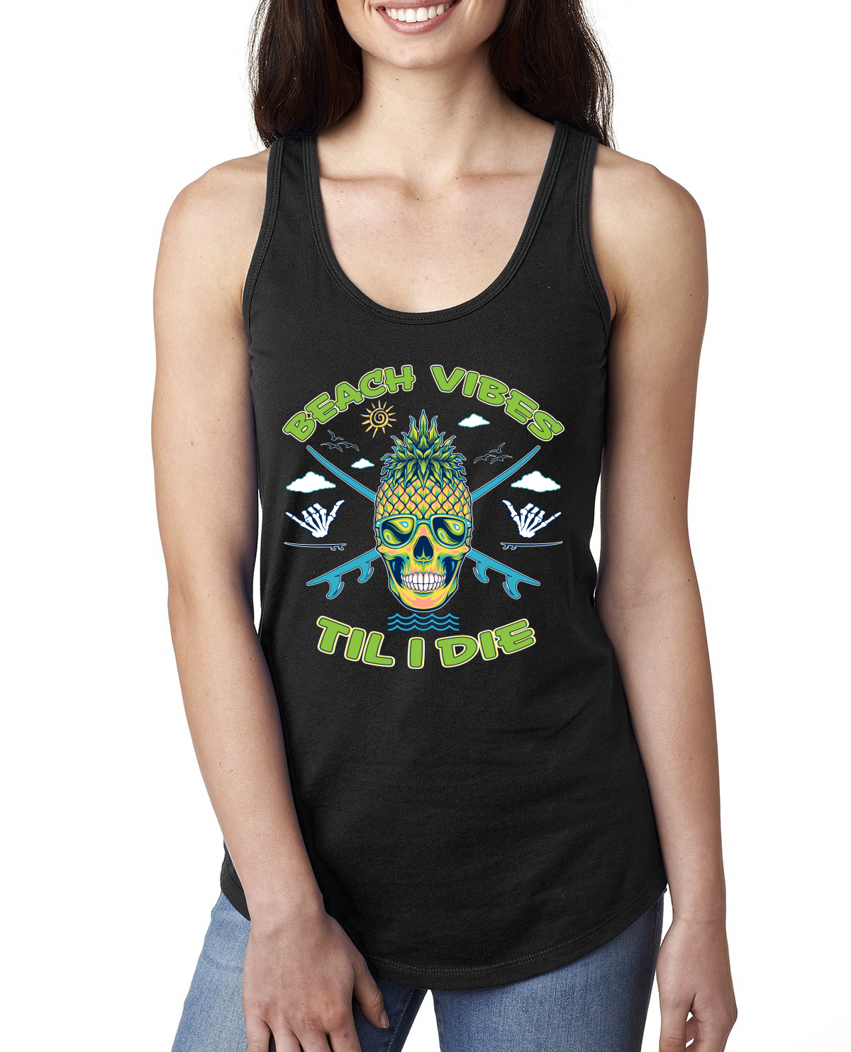 Beach Vibes Till Die Outdoor Ladies Racerback Tank Top - Picture 2 of 14