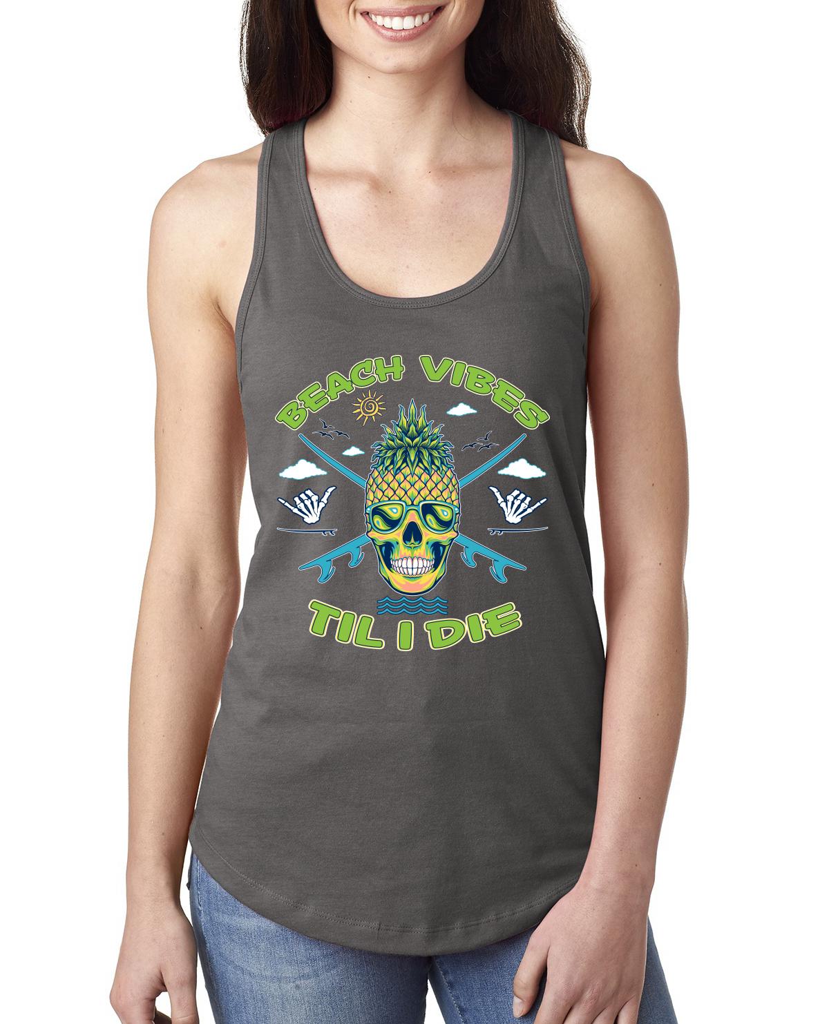 Beach Vibes Till Die Outdoor Ladies Racerback Tank Top - Picture 9 of 14