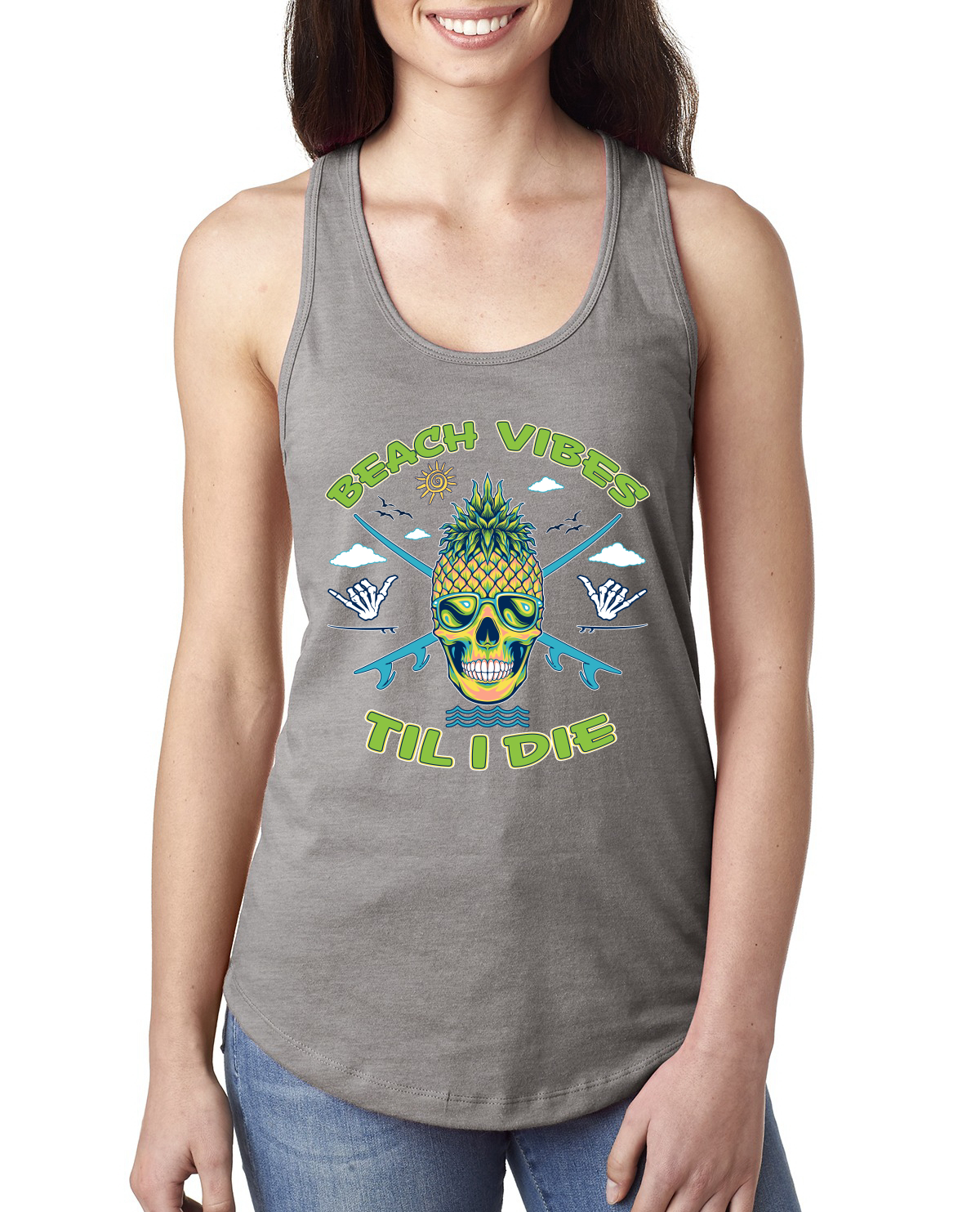Beach Vibes Till Die Outdoor Ladies Racerback Tank Top - Picture 3 of 14