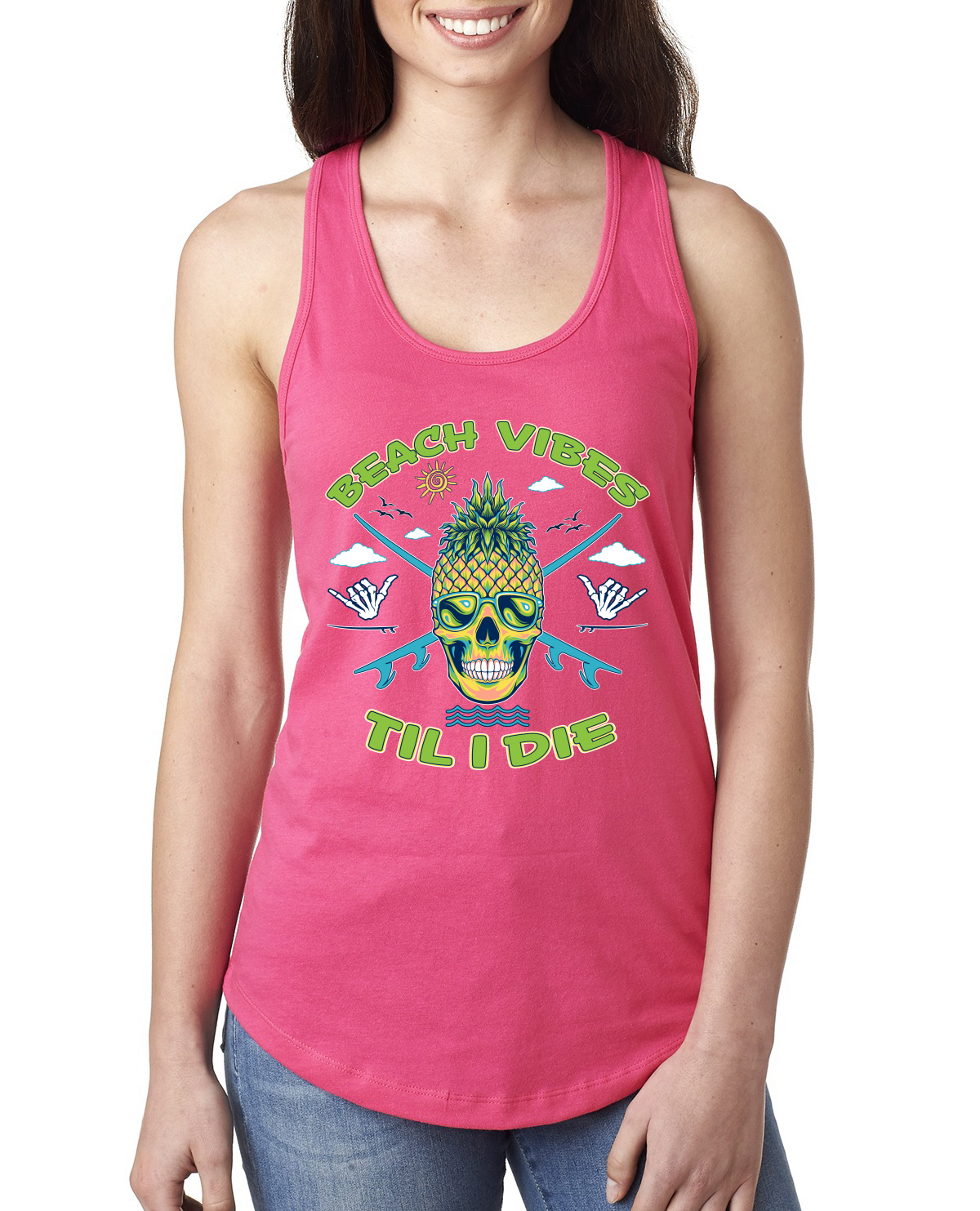 Beach Vibes Till Die Outdoor Ladies Racerback Tank Top - Picture 10 of 14